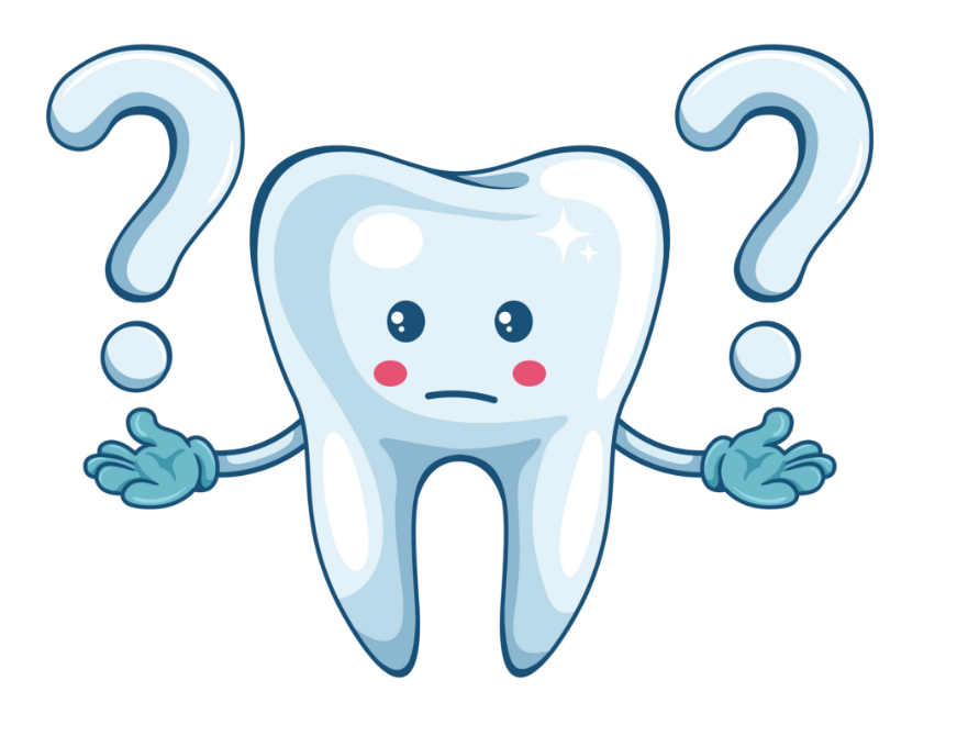 Cartoon tooth with two question marks.
